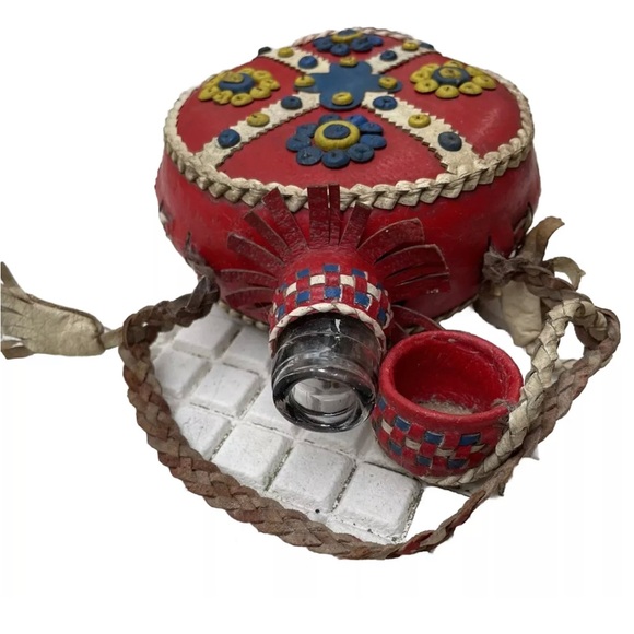 Folk Art Handmade Leather Covered Glass Flask Canteen + Jigger Glass Vintage - Picture 6 of 7